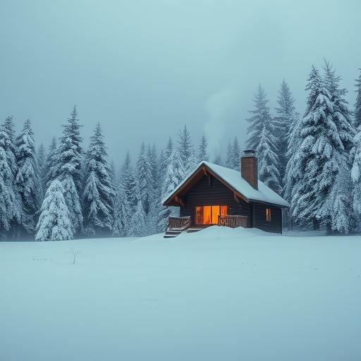 Cozy cabin in a snow-laden forest, symbolizing warmth of disciplined routines