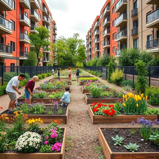 A colorful community garden nestled between modern apartments