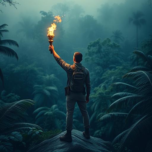 Adventurous explorer standing at the edge of a jungle, symbolizing resilience