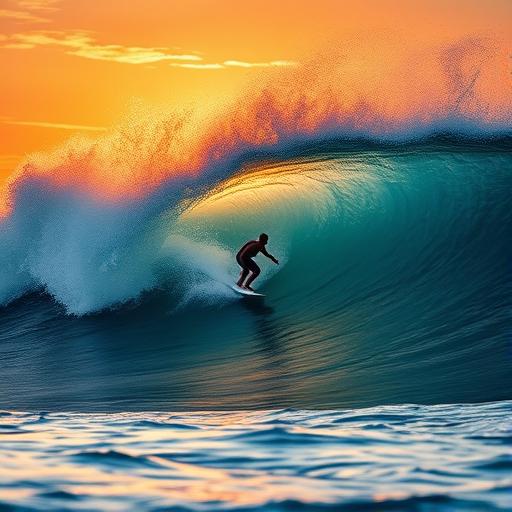 Surfer riding a gigantic wave metaphor for riding momentum