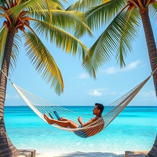 Digital nomad relaxing in a hammock by palm trees