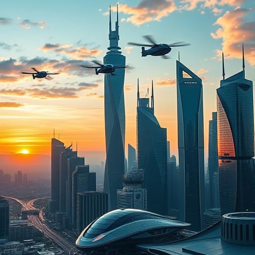 A futuristic cityscape at dawn with towering skyscrapers symbolizing ambition.