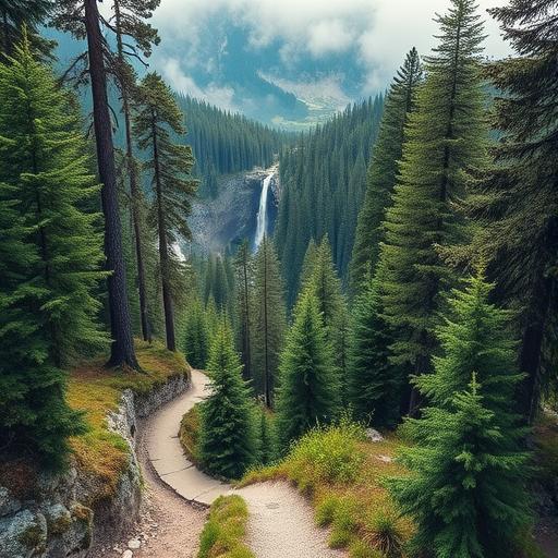 A narrow winding hiking trail through a dense conifer forest