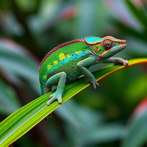 Chameleon blending on a vibrant jungle leaf symbolizing adaptability and transformation.