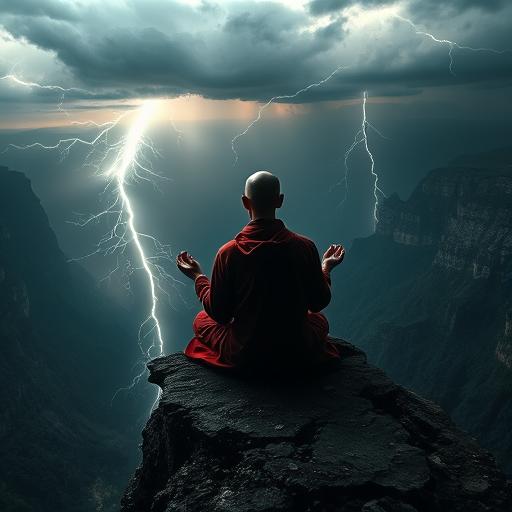Serene monk meditating on a cliff inspiring mindfulness and focus