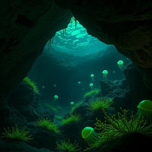 An underwater cavern with luminescent algae