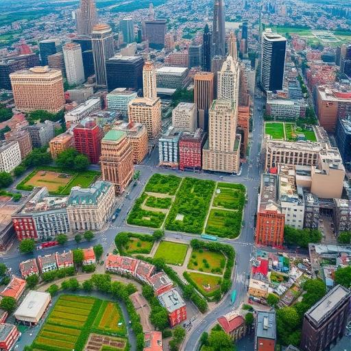 A vibrant cityscape with green areas showing life and community