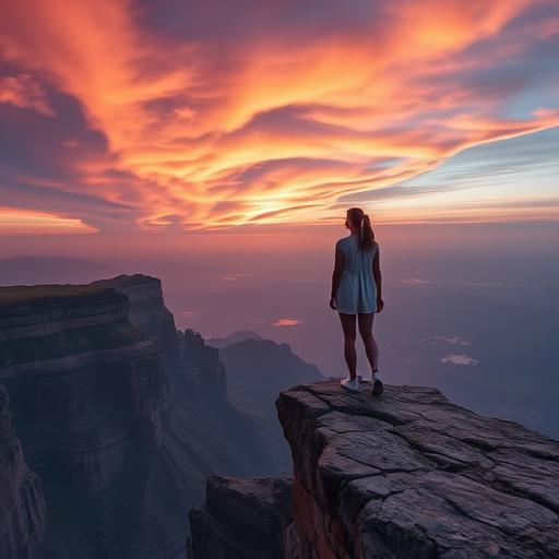 Young woman standing at the edge of a vast cliff, symbolizing courage