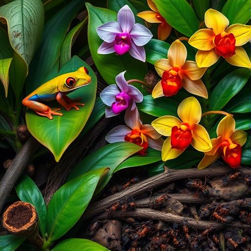 An intricate close-up of rainforest biodiversity capturing the essence of mindfulness and peace.