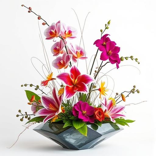 A detailed view of a contemporary ikebana setup using diverse flowers representing community support.