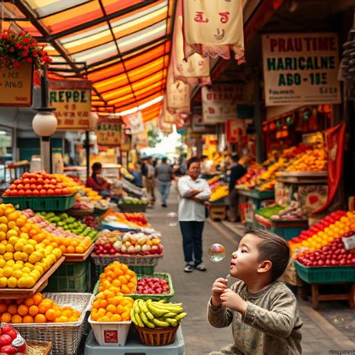 Busy open-air market with an explosion of colors, representing vibrant action.