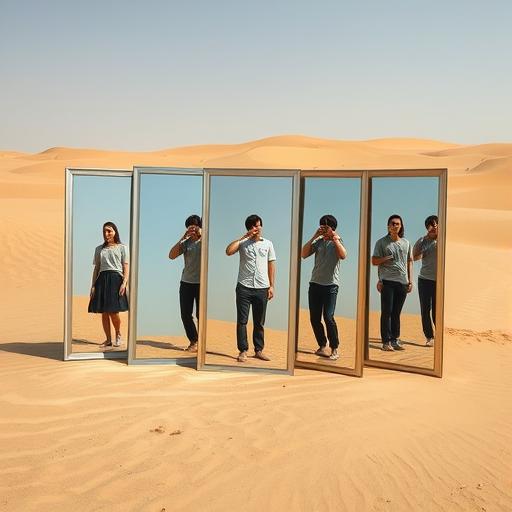 Series of mirrors placed in a desert reflecting inner self - representing self-awareness and belief