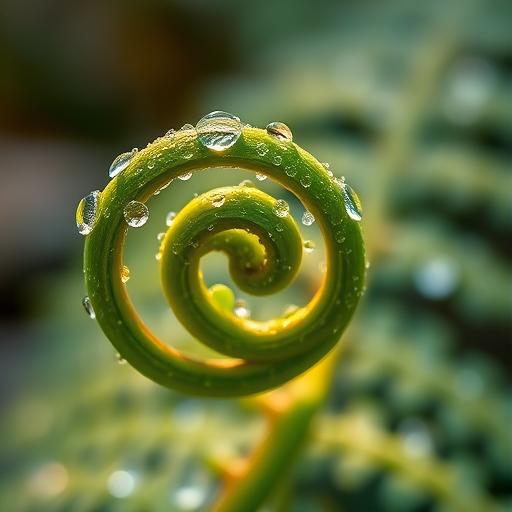 Close-up of a dew-covered fern frond symbolizing growth.