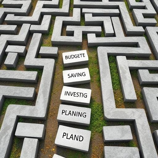 Intricate maze with stepping stones symbolizing progress through challenges