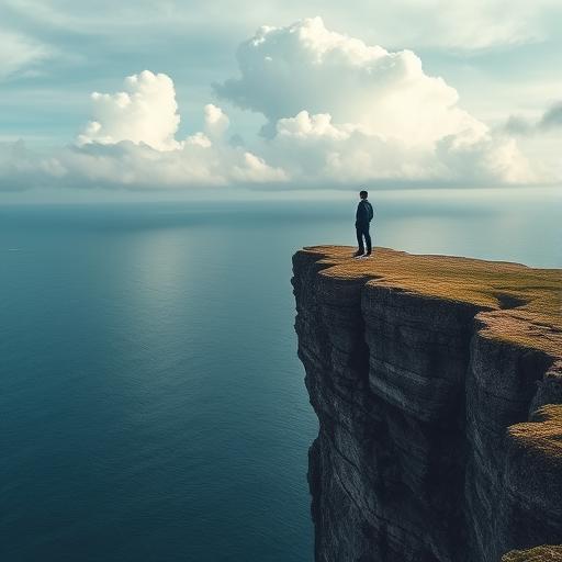 A lone figure standing on the edge of a high cliff, symbolizing limitless potential.