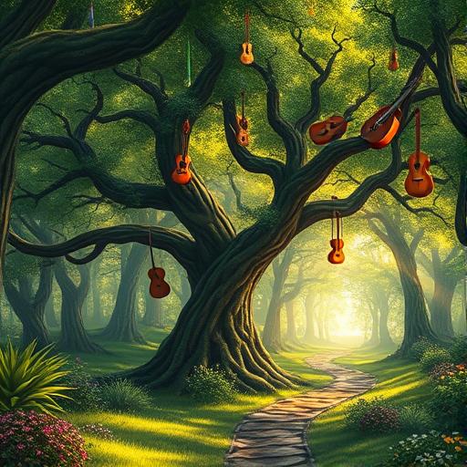 Lush enchanted forest where each tree is a different opportunity and support system