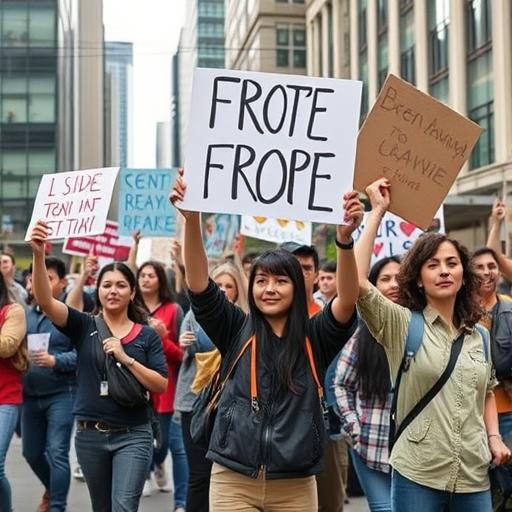 Outdoor scene showing individuals holding signs in solidarity
