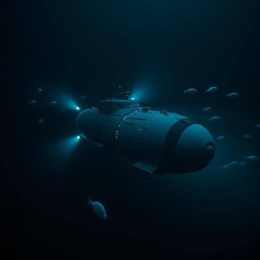 Deep-sea exploration submarine navigating the dark depths of the ocean, symbolizing the exploration of emotional intelligence in tech innovation.