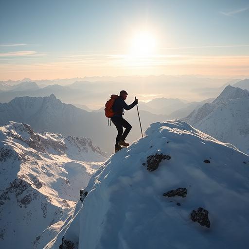 A lone mountain climber reaching the summit surrounded by clouds