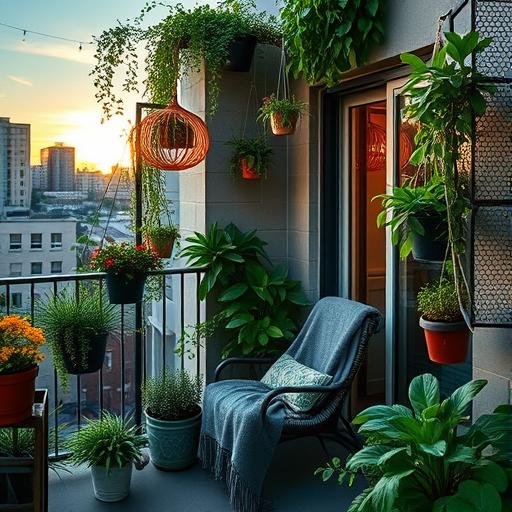 An urban balcony transformed into a lush green retreat symbolizing adaptability and growth.