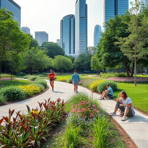 A vibrant city park filled with diverse plant species, showcasing nature's beauty.