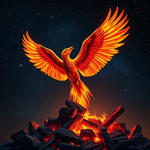 Phoenix rising from the ashes symbolizing rebirth and passion