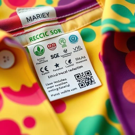 A detailed macro shot of a clothing tag on a vibrant eco-friendly garment
