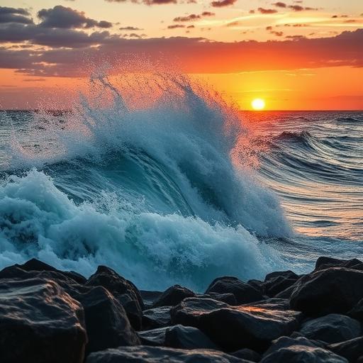 A powerful wave crashing against a rocky shore, representing the strength in resilience