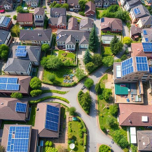 Aerial view of a vibrant eco-friendly urban neighborhood showcasing innovation