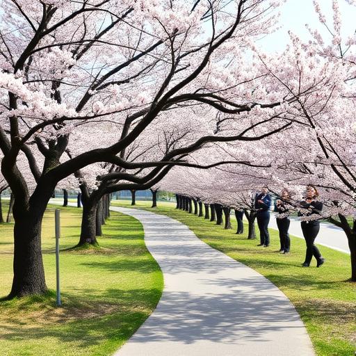 A serene urban oasis featuring a winding pathway lined with greenery
