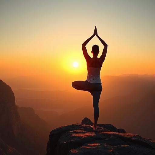 A person practicing yoga on a cliff edge at sunrise