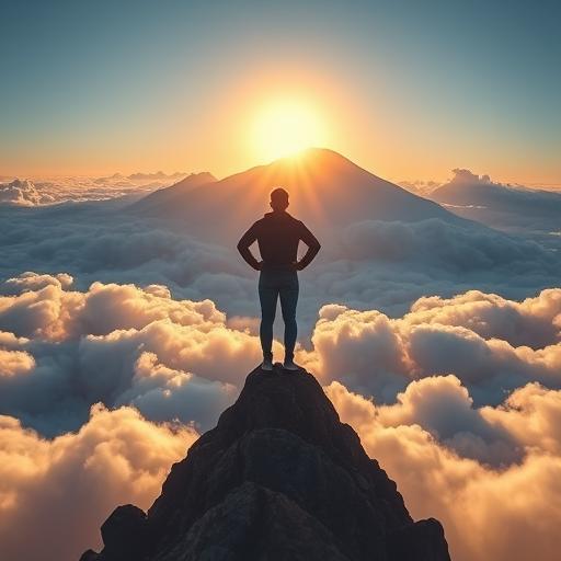 Person standing confidently on a mountain peak