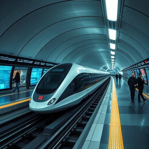 An underground hyperloop station with sleek futuristic designs