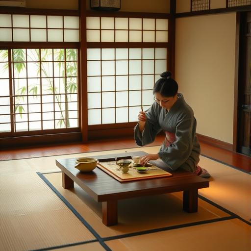 A serene Japanese tea room representing warmth and gratitude