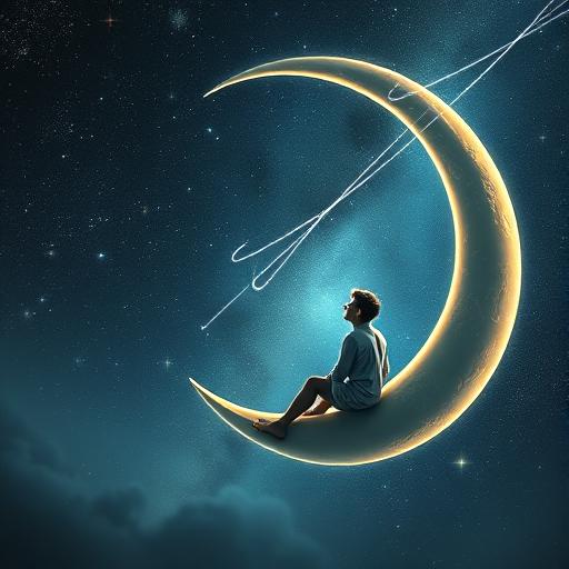 Artistic depiction of contemplation and resilience under a crescent moon