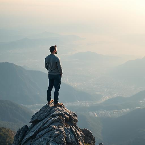 A lone leader standing atop a mountain peak gazing out