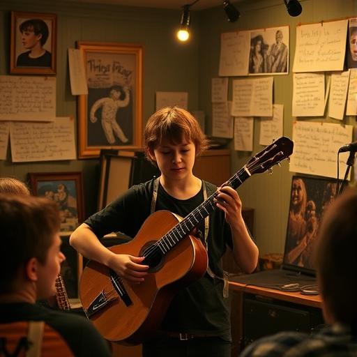 Inside look at a young musician playing a homemade instrument.