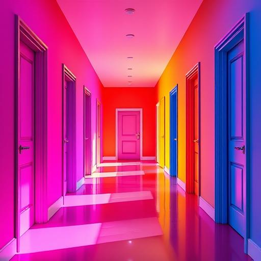 Series of doors in a vibrant colorful hallway each leading to new opportunities