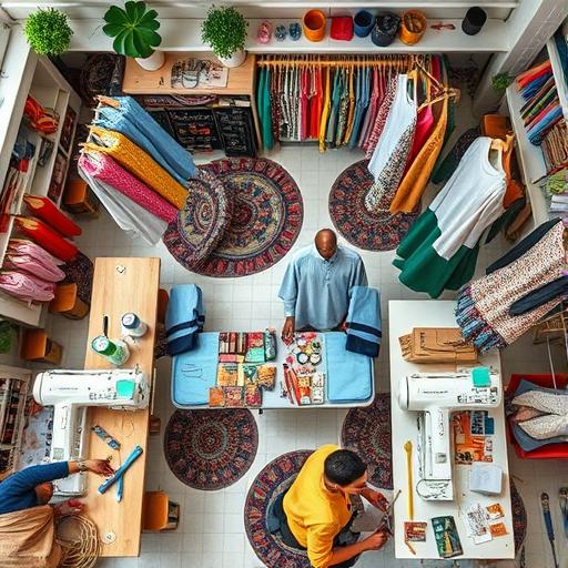 A vibrant aerial view of a sustainable fashion workshop