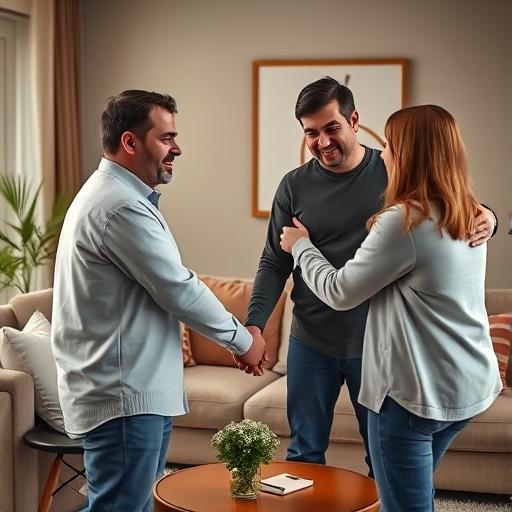 זוג מחזיק ידיים בסלון ביתם