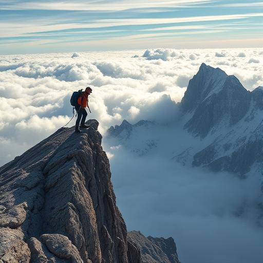 A mountain climber mid-ascent on a steep ridge, symbolizing continuous growth
