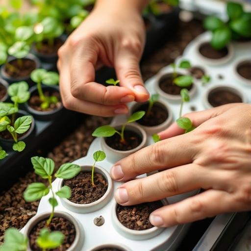 Close-up of hands planting seedlings in a home hydroponic garden