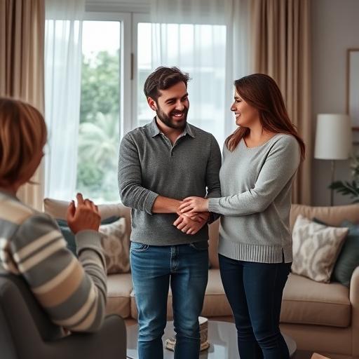 זוג מחזיק ידיים בסלון