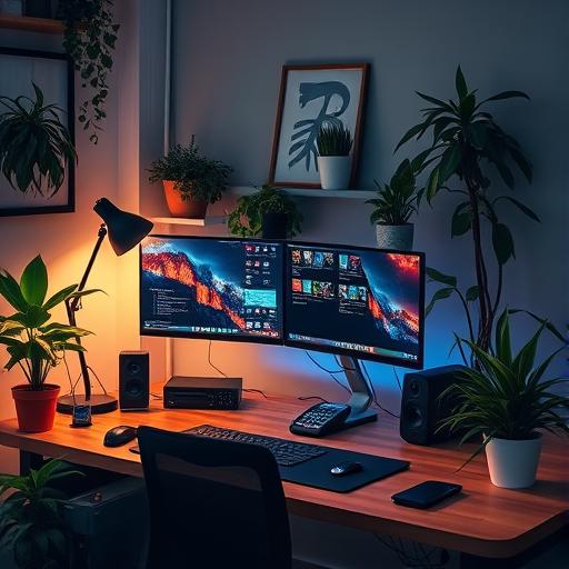 A modern-day home office setup filled with high-tech equipment