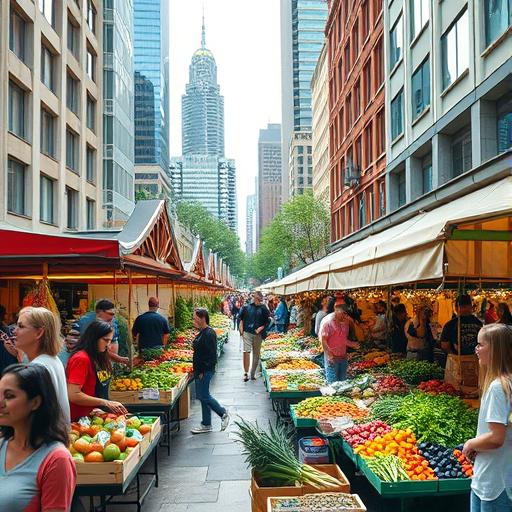 A bustling farmer's market reflecting community and mindfulness.