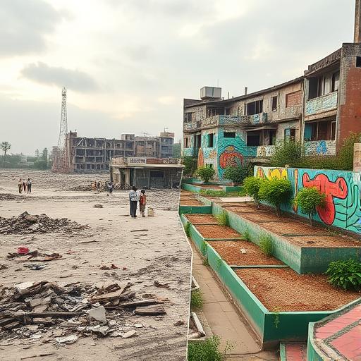 Barren landscape evolving into new growth symbolizing obstacles