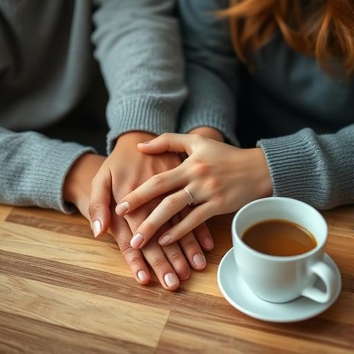 An intimate close-up of a couple's intertwined hands.