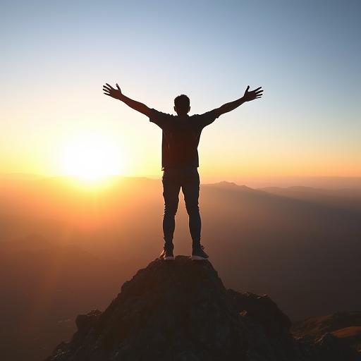Individual standing atop mountain peak illustrating triumph over adversity