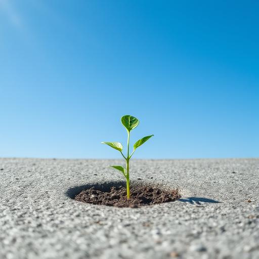 A single seedling breaking through concrete pavement, symbolizing growth from small habits