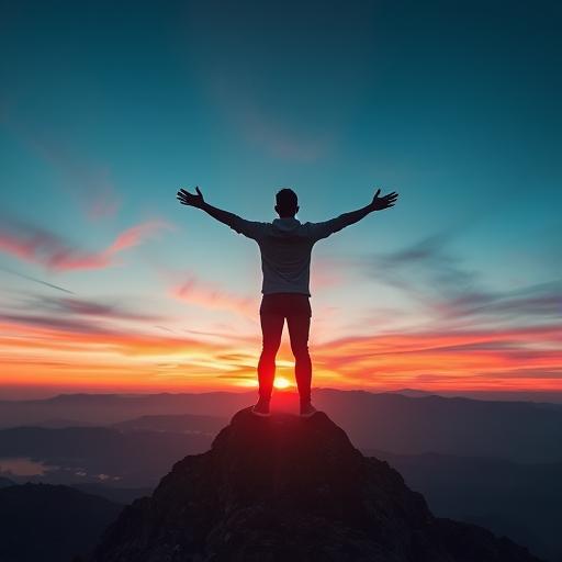 Person standing on a mountain peak at dawn with arms outstretched representing the awakening of inner power